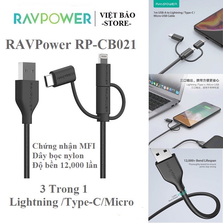 Cáp sạc nhanh 3 trong 1 RAVPower RP-CB021 Type C Lightning Micro USB, tiêu chuẩn MFI dùng cho ip và các loại điện thoại