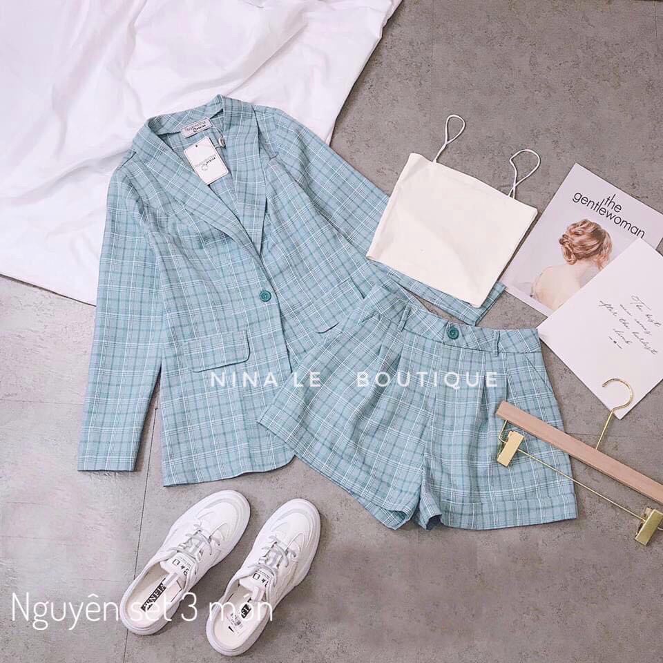 [HCM]Sét Bộ Vets 3 Món Caro Bố Kèm Áo Trong Thun Pozip Siêu Đẹp Công Sở &Dự Tiệc Nha Chị Em- Qc