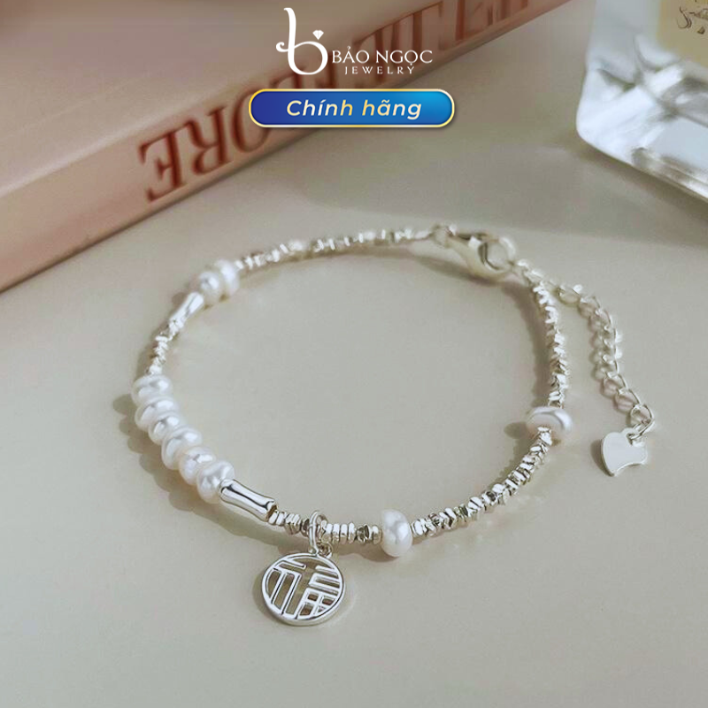 Vòng Tay Ngọc Trai Charm Bạc Chữ Ngân Sách Thu Hút Tài Lộc, Lắc Tay Bạc Nữ S925 - Bảo Ngọc Jewelry