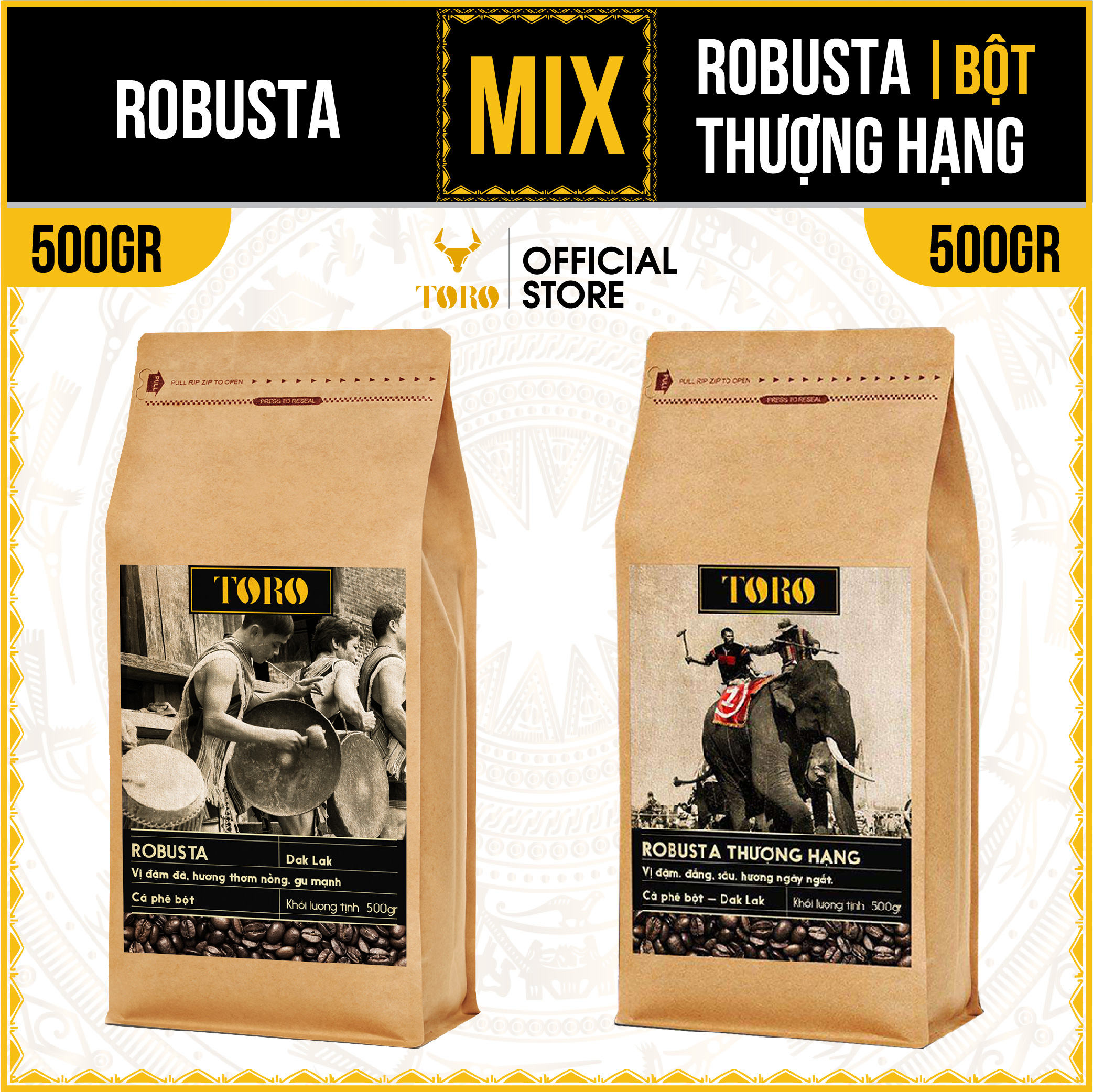 [1KG] Bộ Mix Cà Phê Bột Toro Robusta & Toro Robusta Thượng Hạng Nguyên Chất 100% | 500GR/Gói | TORO FARM