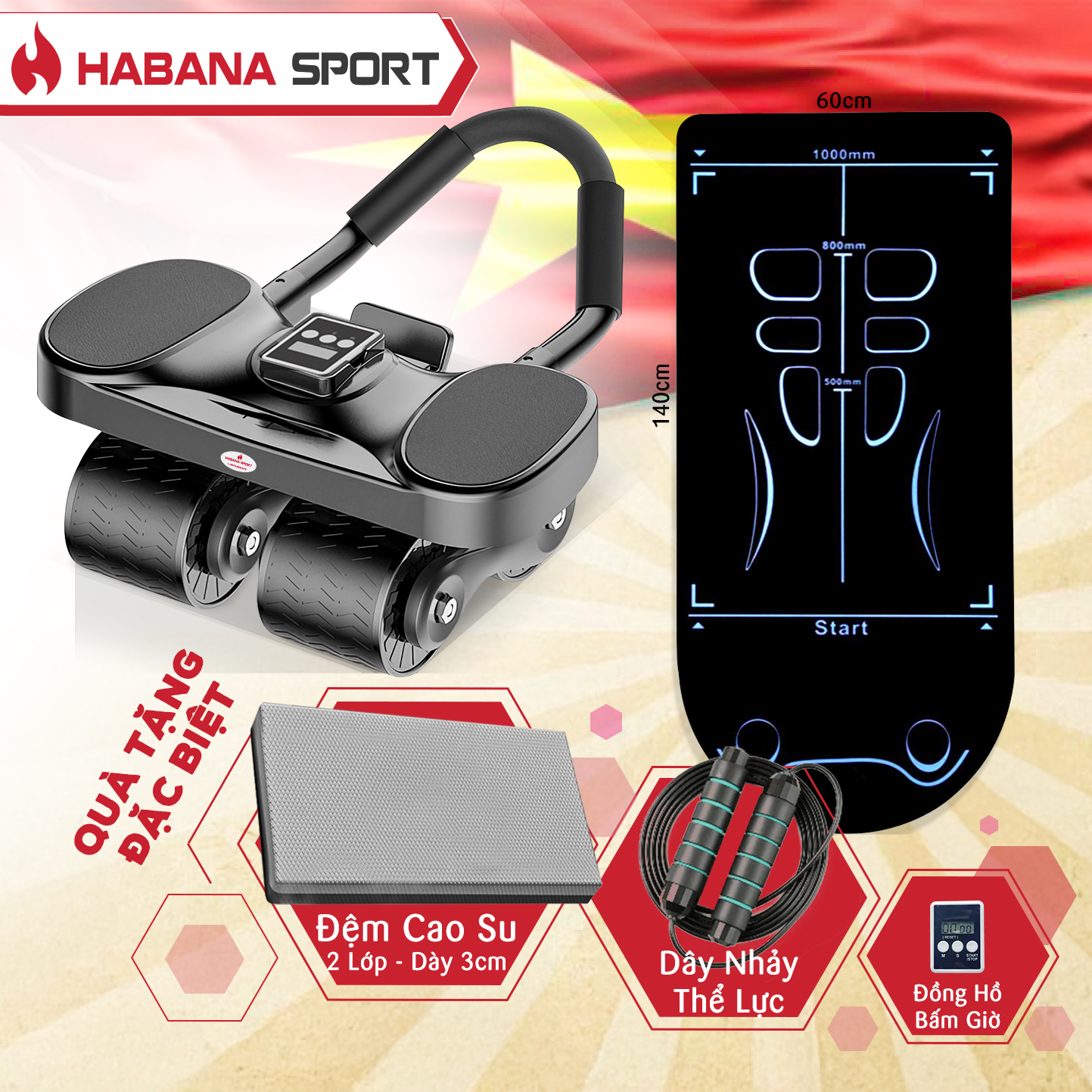 Con Lăn Tập Bụng 4 Bánh Thế Hệ Mới 2025 + Thảm Chuyên Dụng Tập Con Lăn + Đệm 3cm [TẶNG] Đồng Hồ + Dây Nhảy Thể Lực