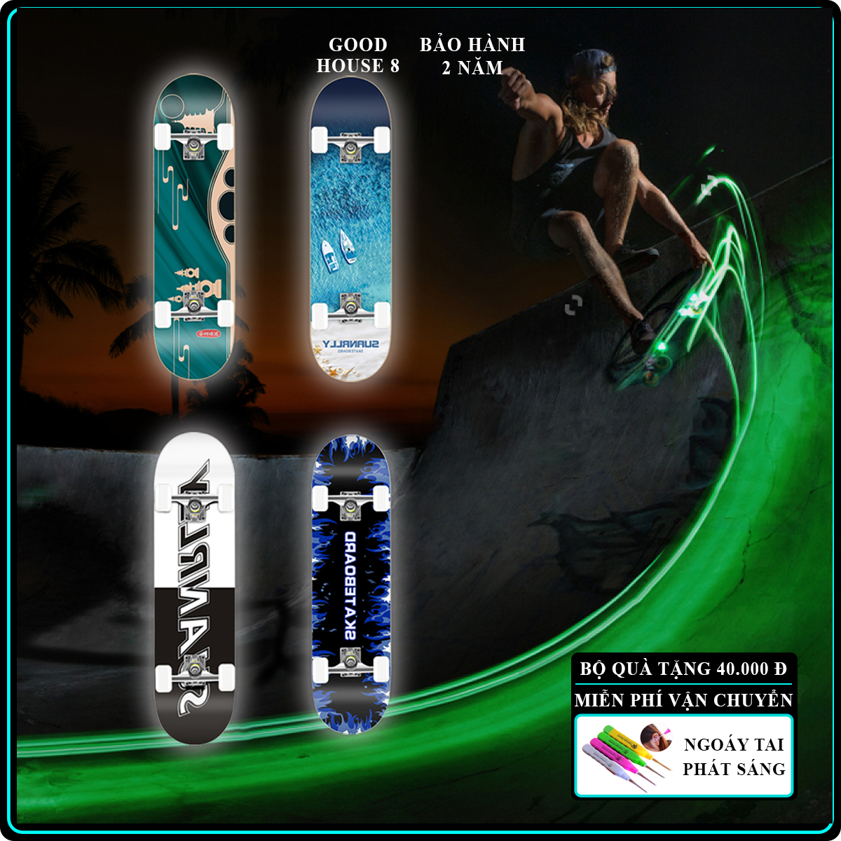 Ván trượt người lớn cao cấp đạt chuẩn thi đấu, Ván trượt thể thao mặt nhám 8 lớp, bánh PU, hợp kim siêu cứng