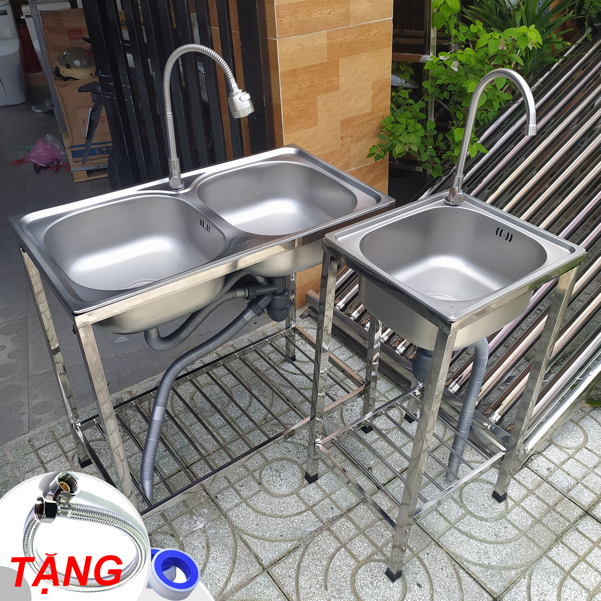 Bộ Chậu Rửa Chén Bát Có Chân Kèm Vòi Inox Nước Lạnh - Gồm kệ chân, chậu, vòi, bộ xả tặng dây cấp keo non