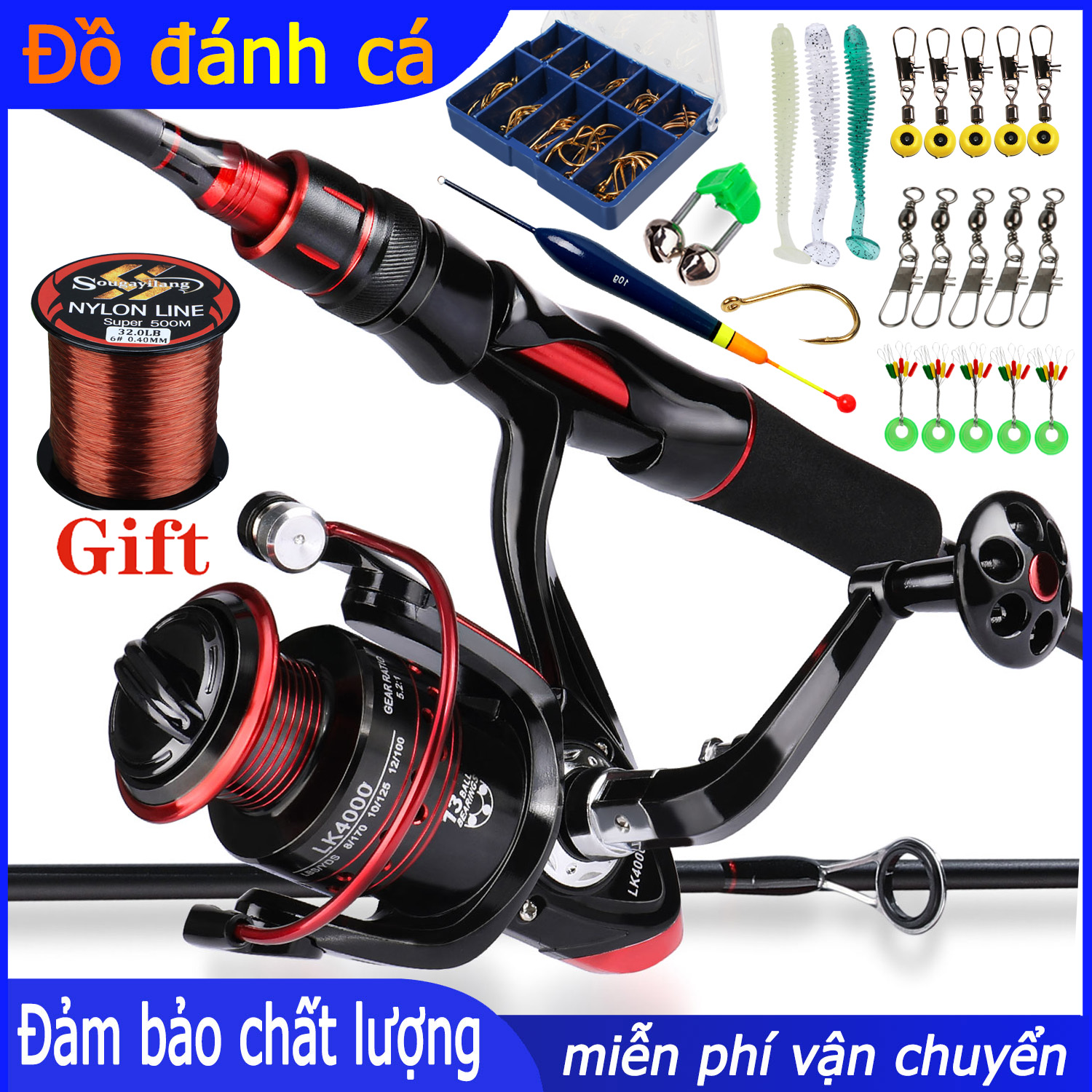 Nguyên bộ cần và bộ quay cần câu và tỷ lệ bánh răng 1.8m/2.1m vòng bi 5.2:1 13 máy câu cá và bộ mồi câu và dây cước với bộ dây câu và phụ kiện câu cá nlon 500m