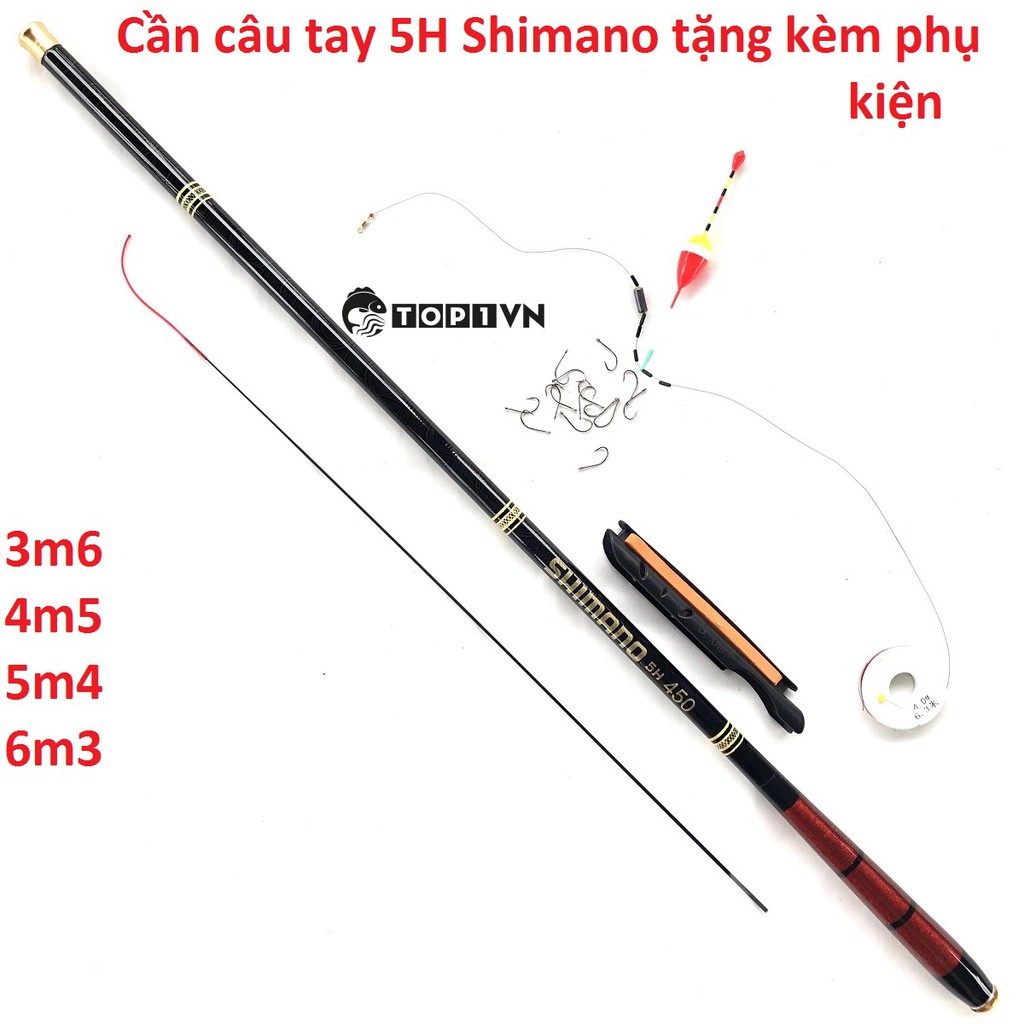 Cần câu tay 5H Shimano đỏ , tặng cước lưỡi phao chì và đọt cần . Kích thước chính xác là: 5m4