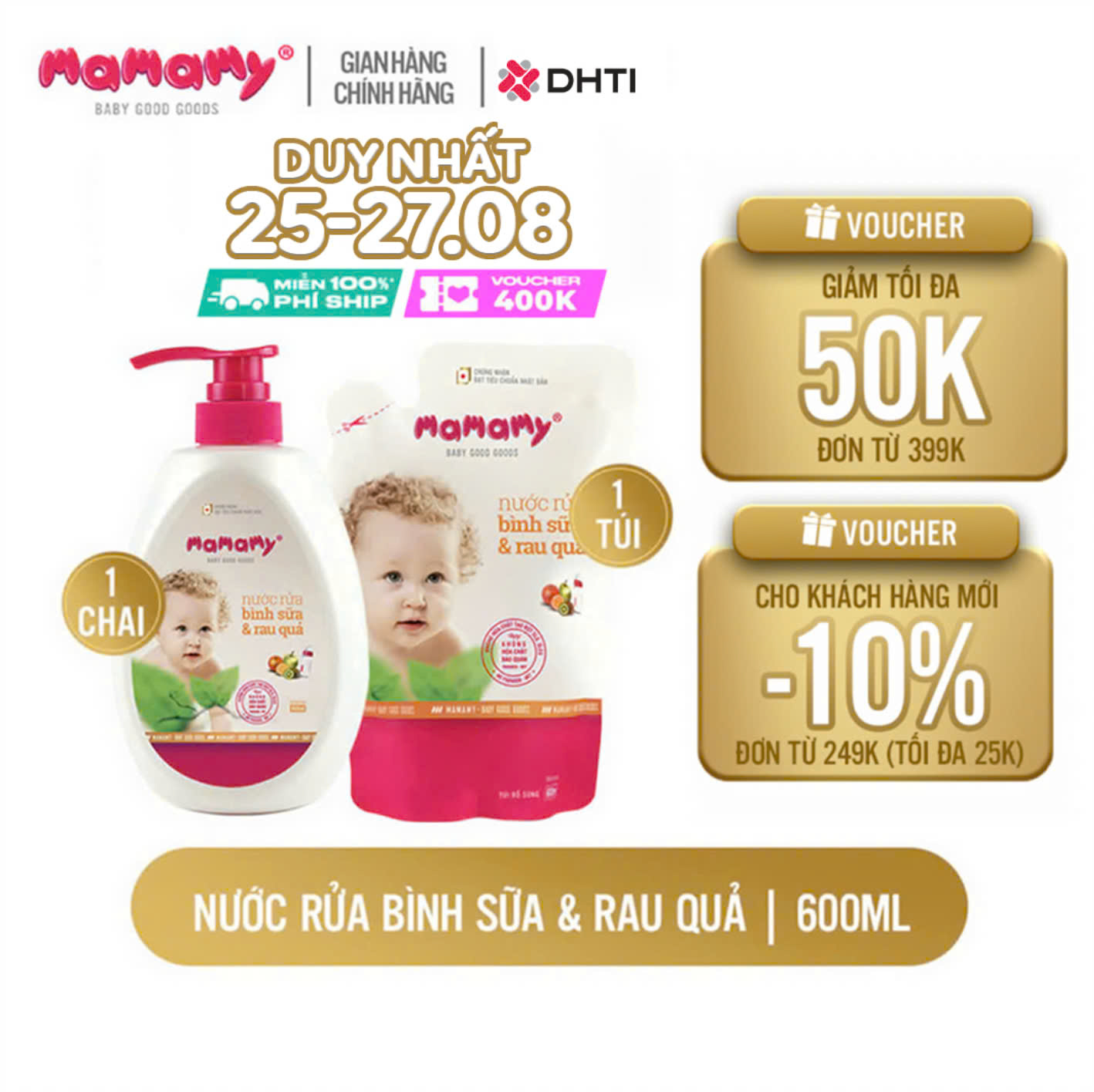 Nước rửa bình sữa Mamamy an toàn cho bé, rửa được rau củ quả thành phần thiên nhiên, an toàn cho bé chai/túi 600ml