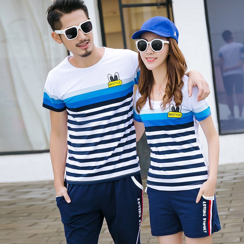 Áo thun đôi nam nữ áo cặp đẹp đồ đôi du lịch phối sọc màu xanh HQ Couple AT01