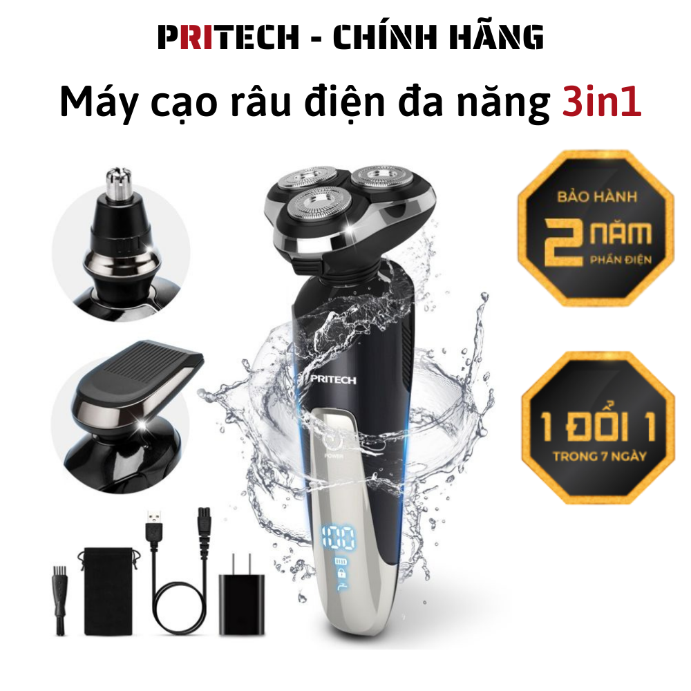 Máy cạo râu nam 3 lưỡi kép PRITECH cạo cực êm, sát , hàng cao cấp chống nước tốt. Máy cạo râu đa năng 3in1 , tỉa lông mũi thế hệ mới 2023