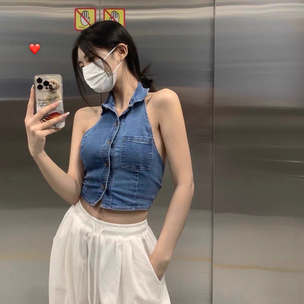 Áo yếm jean cổ sơ mi hở lưng kiểu dáng croptop cực xinh , chất jean mềm mịn