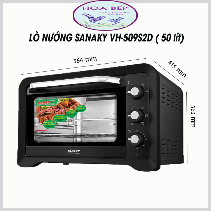 Lò Nướng Sanaky 50 lit VH509S2D - Lò nướng 50 lit - Lò nướng gia đình - Nướng xiên quay, Quạt tỏa đều nhiệt trong lò, Đèn trong khoang lò - Vỏ lò thép phủ sơn tĩnh điện - BH 24 Tháng - Bếp Hoa