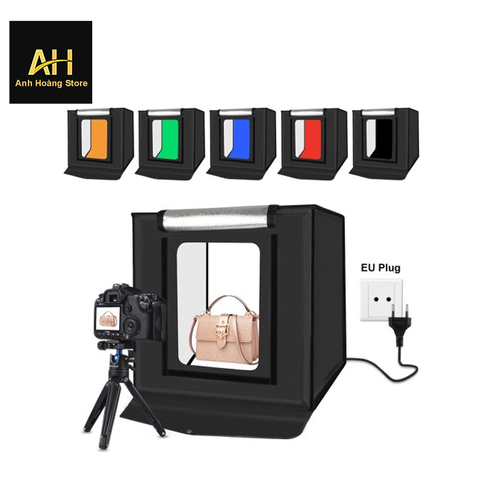 Hộp Chụp Hình Sản Phẩm Đèn Led Tự Điều Chỉnh Ánh Sáng Size 60x60 Puluz -Tặng kèm 6 phông nền (Màu Đen)