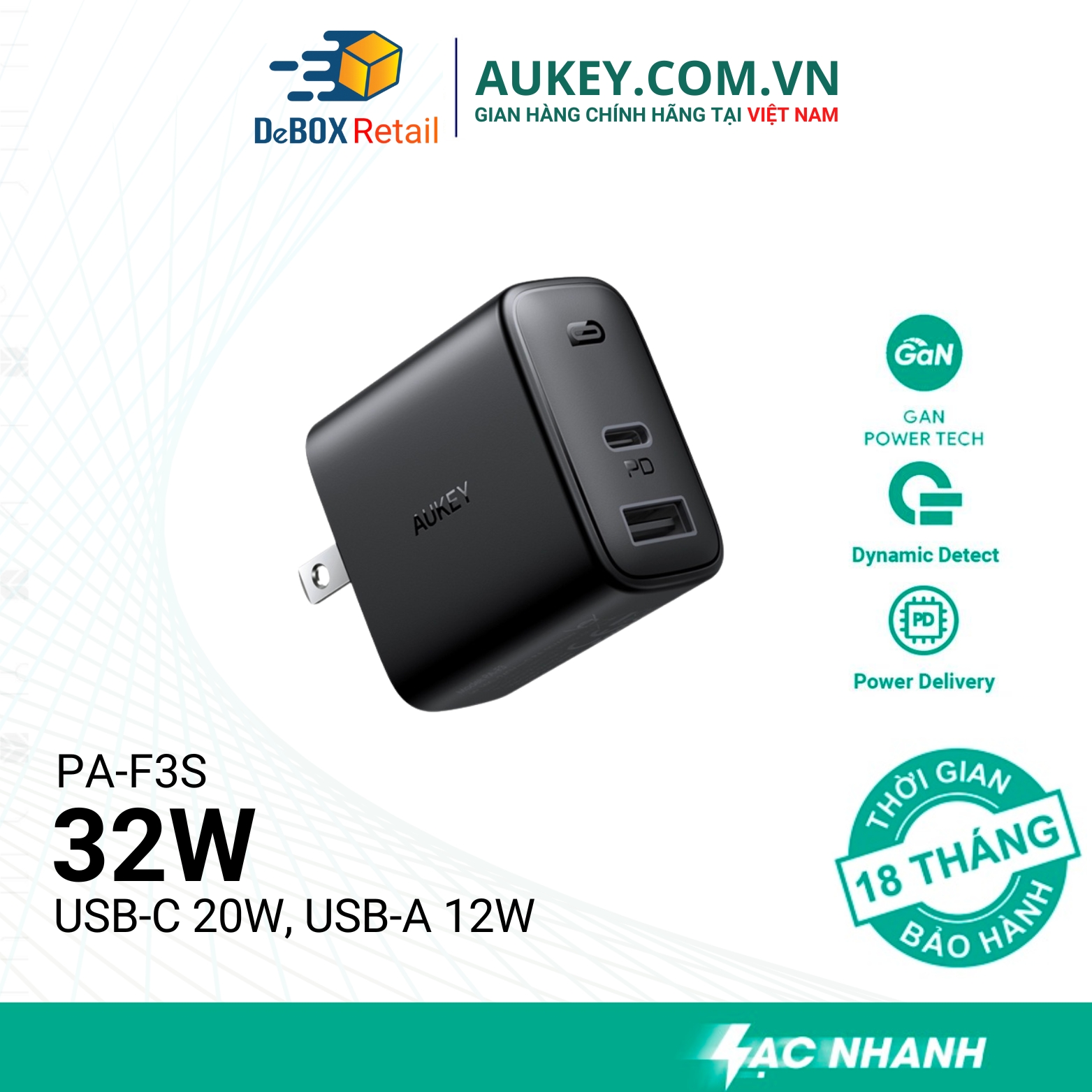 Củ Sạc Nhanh AUKEY 2 Cổng PA-F3S 32W, Cổng Type C Power Delivery 20W, Cổng USB-A 12W - Chính Hãng Bảo hành 18T