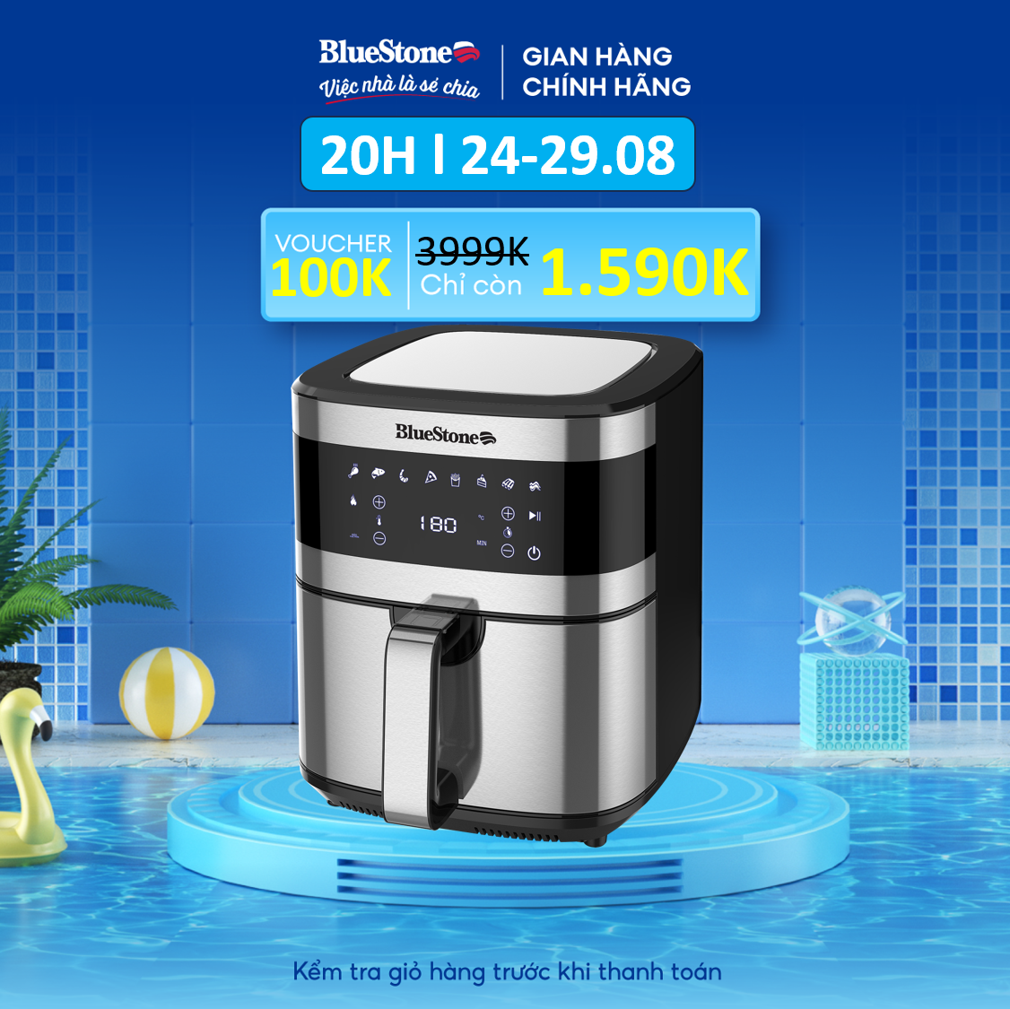 Nồi Chiên Không Dầu Điên Tử BlueStone AFB-5885 (6,5 Lít) - Công suất 1500W - Lớp phủ chống dính Greblon cao cấp của Đức - Bảo hành 2 năm- Hàng chính Hãng