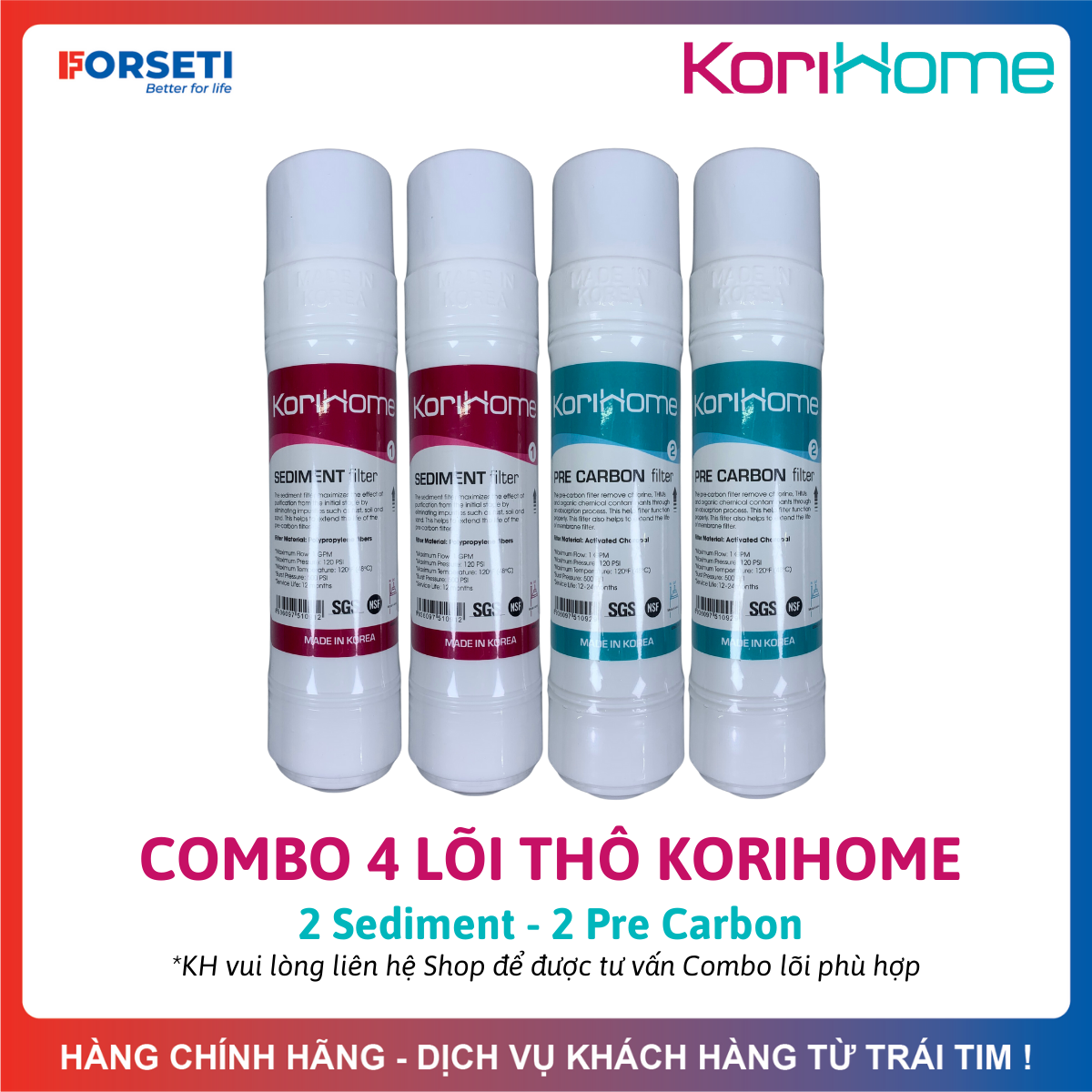Combo 4 Lõi Lọc Korihome Gồm 2 Sediment + 2 Pre Carbon Dạng Đúc Cắm Nhanh Dòng Nhập Khẩu Hàn Quốc Cao Cấp