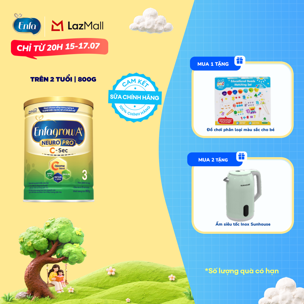 [CHỈ TỪ 15-17/07 MUA LÀ CÓ QUÀ] [Cho cả trẻ sinh mổ] Sữa bột Enfagrow A+ NeuroPro 3 C-Sec 800g cho trẻ trên 3 tuổi
