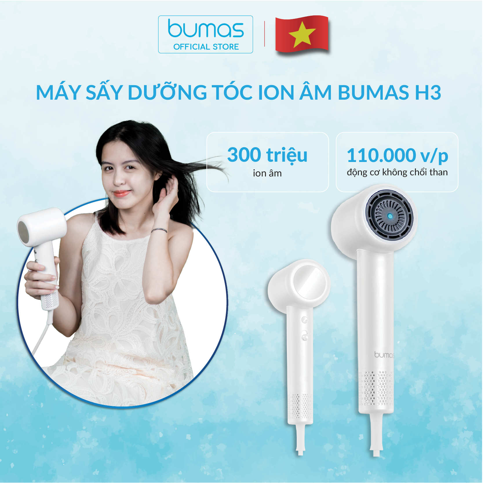 Máy Sấy Dưỡng Tóc Ion Âm Bumas H3 Sấy Khô Trong 3 Phút Tự Động Vệ Sinh Máy Chăm Sóc Tóc Chuẩn SPA