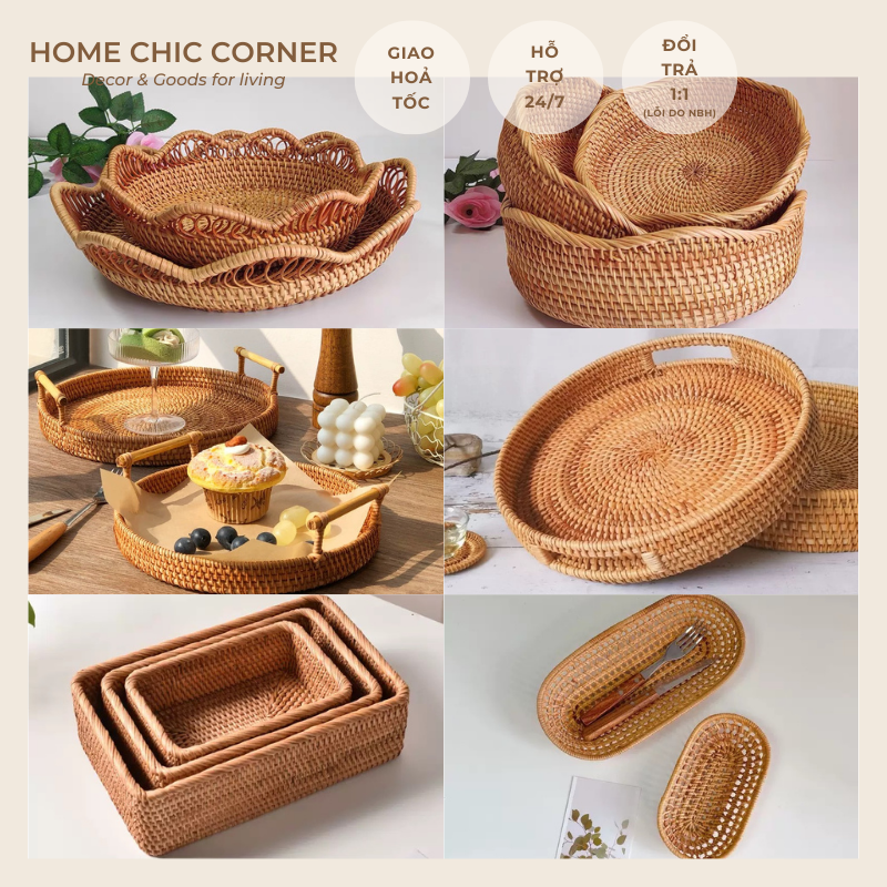 Rổ mây tròn, khay mây đựng đồ, decor trang trí mây tre đan tự nhiên | home chic corner