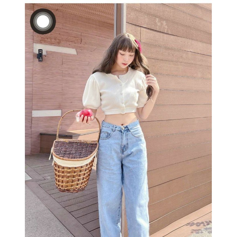 Áo crop gân nút bọc tay phồng