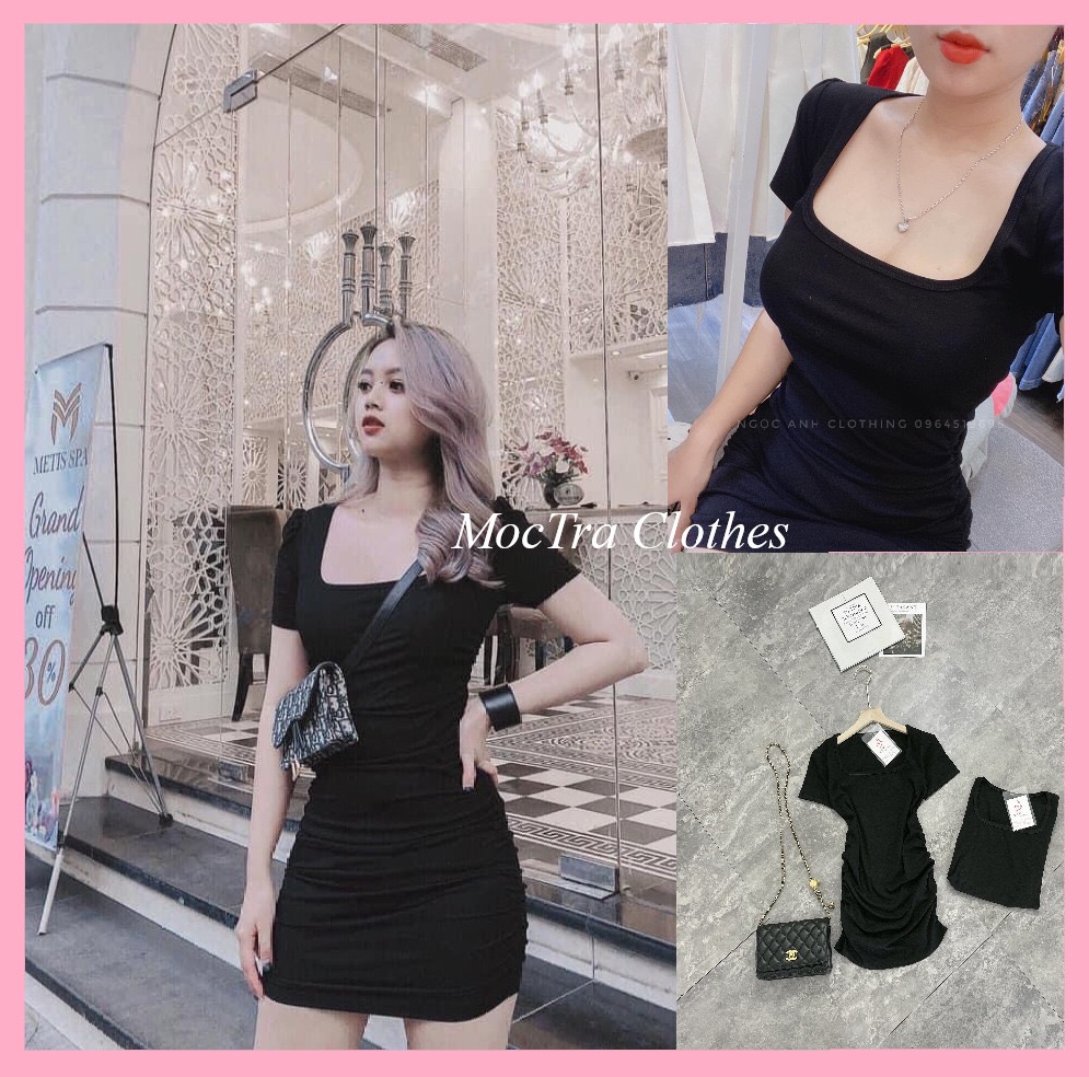 Đầm body đen cổ vuông nhúm sườn cộc tay dáng ngắn siêu xinh chất co dãn, Váy ôm nữ dự tiệc tay ngắn kiểu dáng sang trọng lịch sự phù hợp đi dạo đi chơi phong cách cá tính trẻ trung năng động