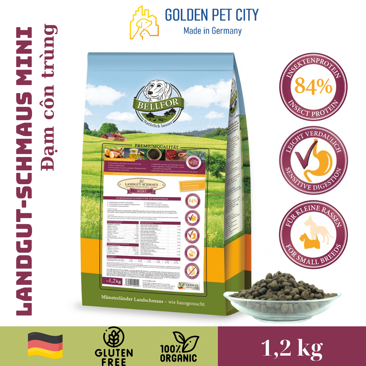 Hạt Hỗ trợ sức khỏe toàn diện cho chó BELLFOR Landgut-Schmaus Mini đạm Ruồi lính đen