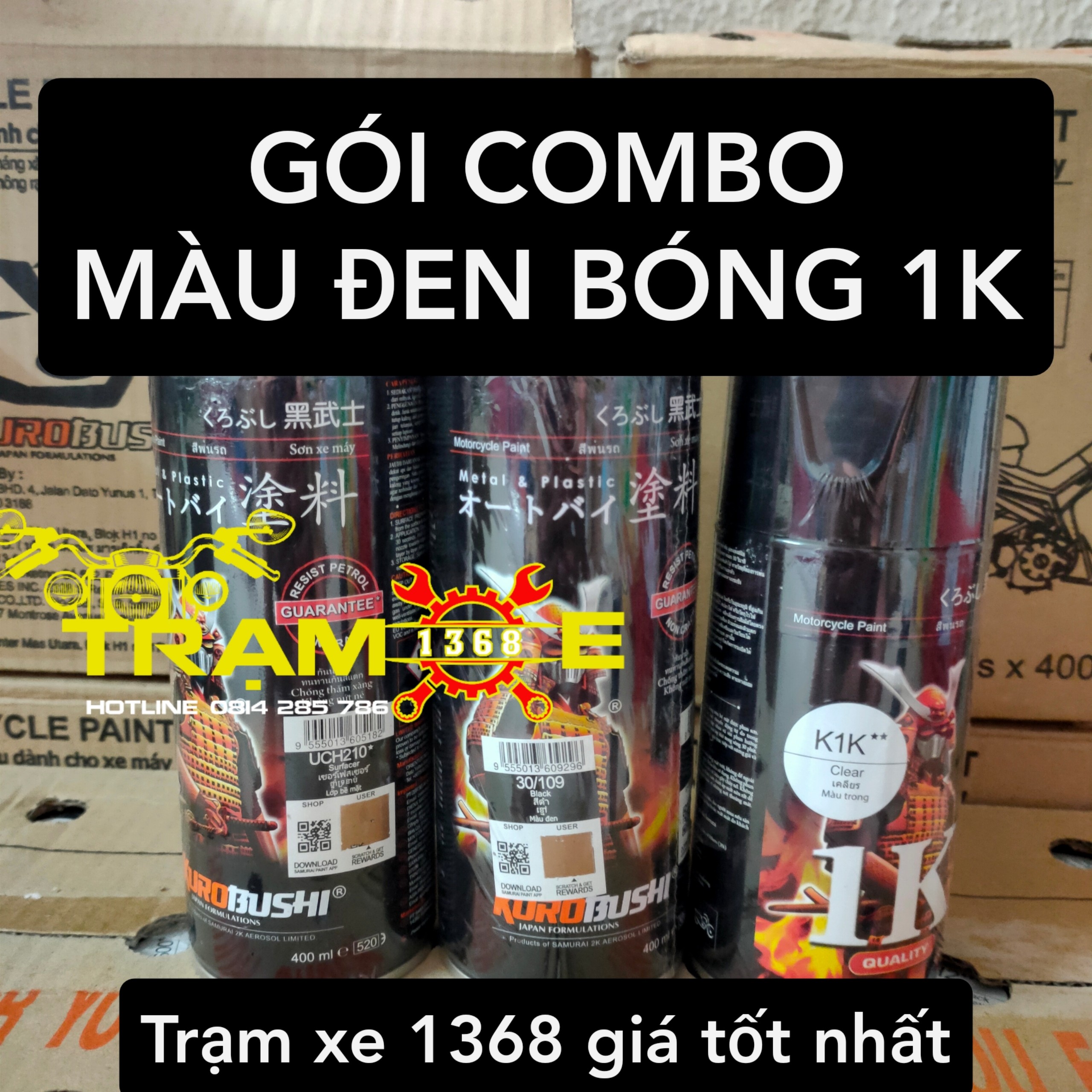 Combo Sơn xịt Samurai màu đen bóng 109 tùy chọn đen bóng trong suốt hoặc có kim tuyến (Uch210 - 109 - K1k hoặc K1kt) chuyên sơn xe máy ô tô