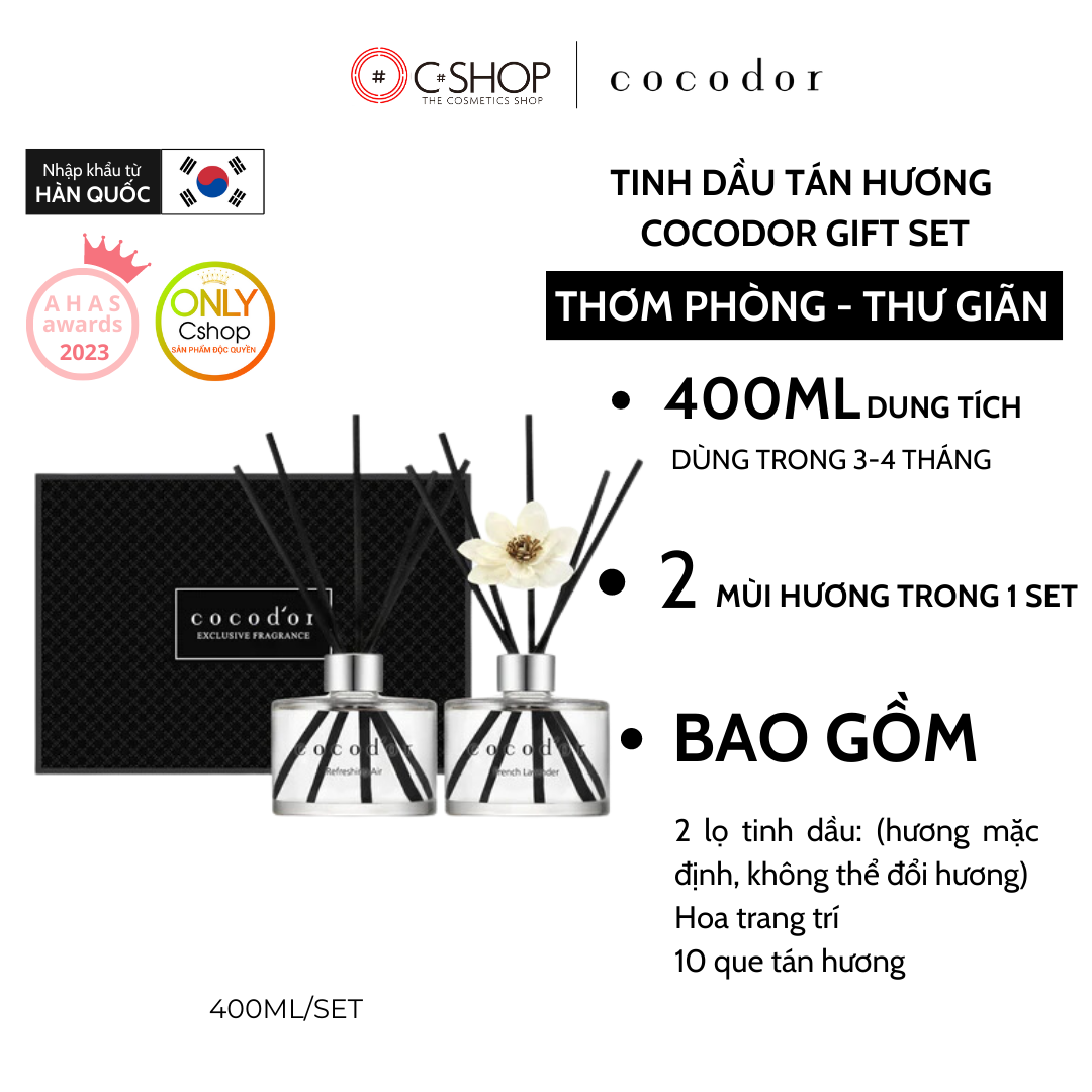 Bộ combo 2 lọ tán hương làm thơm phòng kèm hoa và hộp sang trọng COCODOR Diffuser Gift Set