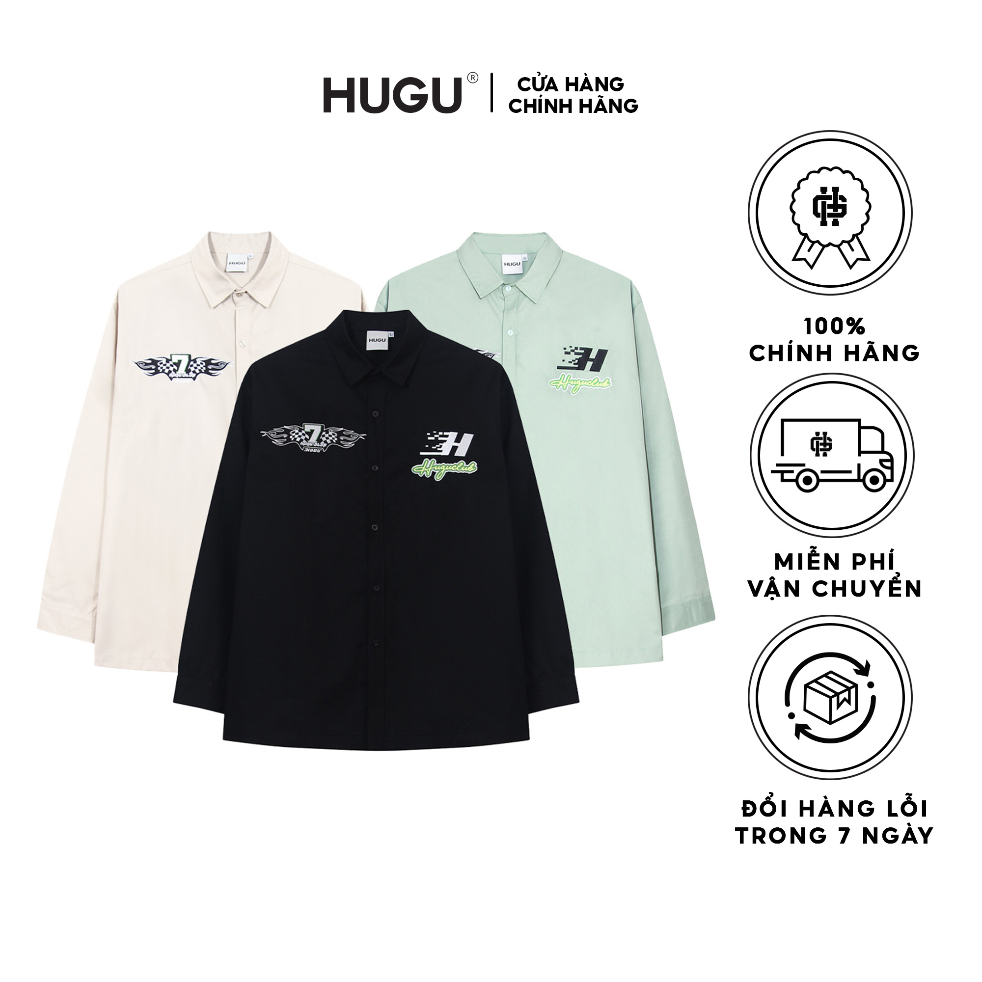 Áo sơ mi tay dài hugu - on the race 7 - chất vải kaki cotton - unisex