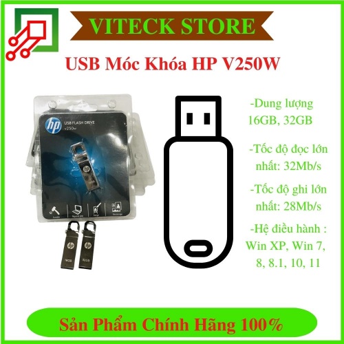 Usb móc khóa hp 16gb , 32gb v250w 2.0 - vỏ nhôm nguyên khối cao cấp - hàng chính hãng