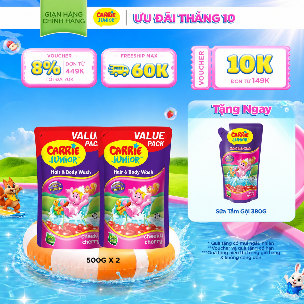 Combo 2 Túi Sữa Tắm Gội Carrie Junior Cho Bé chiết xuất trái cây thiên nhiên Hương Cheeky Cherry 500G