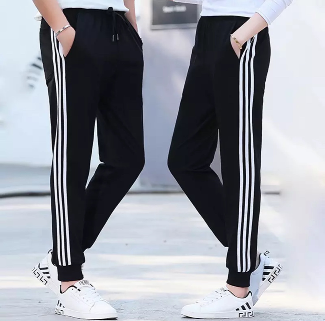 [HCM]Quần Thể Thao Nam Nữ Phối 3 Sọc Bó Ống Chất Thun Co Giãn Thể Thao PINK SHOP