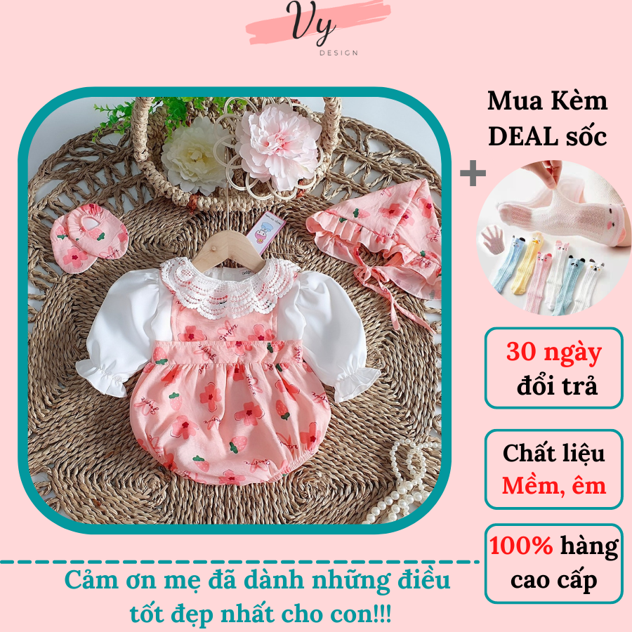 Body bé gái sơ sinh dài tay kèm turban và vớ, váy bé gái thiết kế, đầm đầy tháng, đầm sơ sinh, bodysuit cho bé gái