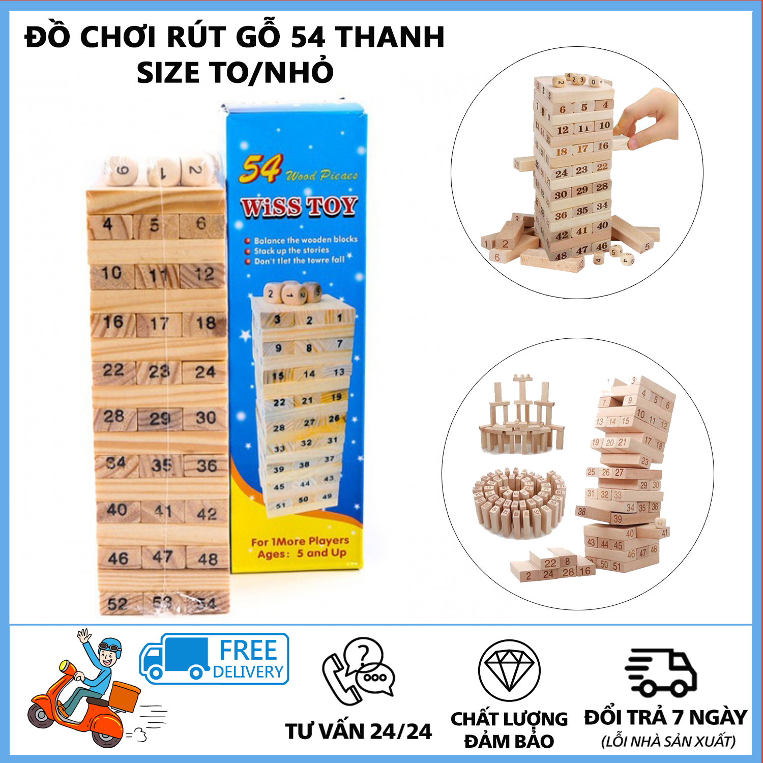 Bộ Đồ Chơi Rút Gỗ Loại Khổng Lồ - Bộ đồ chơi rút gỗ 54 thanh - Đồ chơi rút gỗ .Trò chơi trí tuệ nâng cao phát triển xúc giác, thị giác
