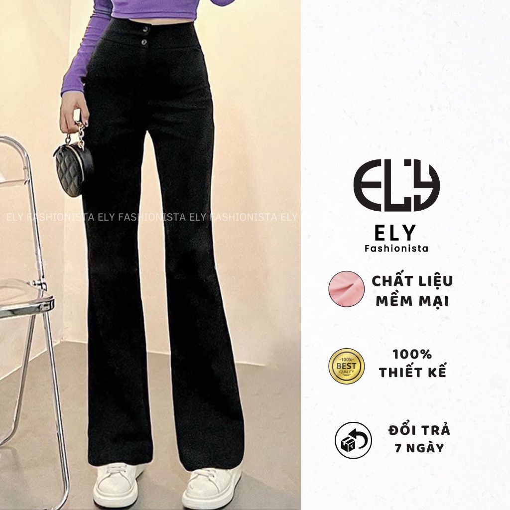 Quần ống loe ELY lưng cạp cao 2 cúc dài suông ống rộng chất vải trượt thái đẹp cao cấp đi làm đi chơi màu đen nâu ELY212
