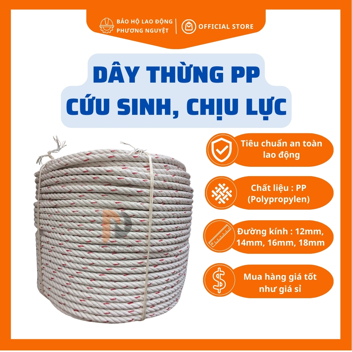 20m Dây cứu sinh bảo hộ, Dây thừng PP kéo hàng đường kính 10,12,14,16,18mm