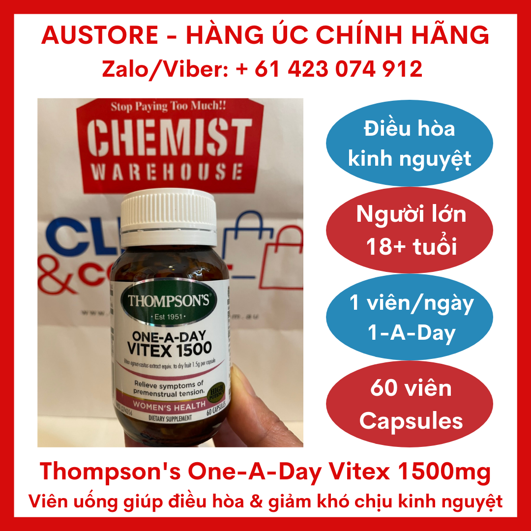[Bill Úc, Date mới] Thompson's One-A-Day Vitex 1500mg 60 Capsules - Viên uống Thompson Vitex giúp điều hòa nội tiết tố, kinh nguyệt với liều dùng 1 viên/ngày