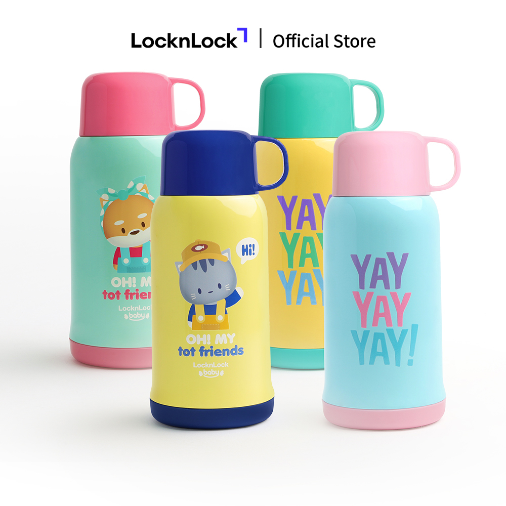 LHC1475 - Bình giữ nhiệt Animal friend kids LocknLock 550ml có quai xách/túi đựng có dây đeo (4 màu)