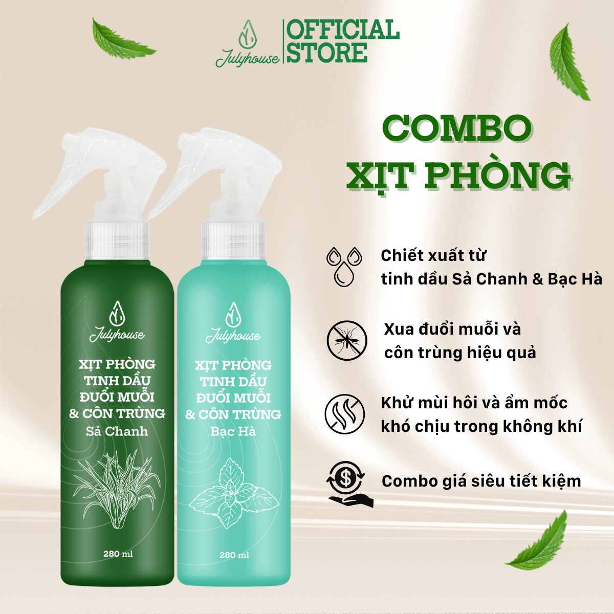 Combo Bình xịt phòng Tinh dầu đuổi muỗi và côn trùng JULYHOUSE 280ml khử mùi hiệu quả siêu tiết kiệm