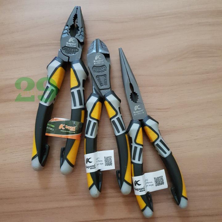 Bộ 3 Kìm điện, cắt, nhọn Kapusi JAPAN Xuất Đức Tặng Găng tay bảo hộ