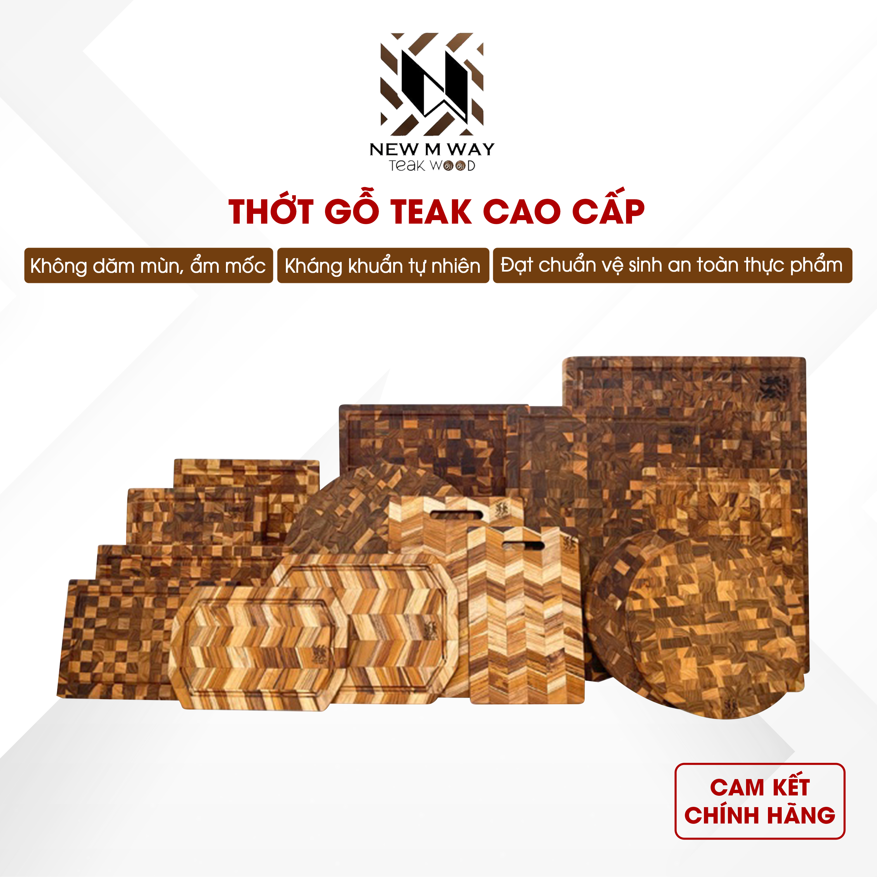 Thớt gỗ Teak NEW M WAY cao cấp đủ size lớn nhỏ đạt chuẩn châu Âu dùng thái cắt trang trí thức ăn siêu bền siêu đẹp