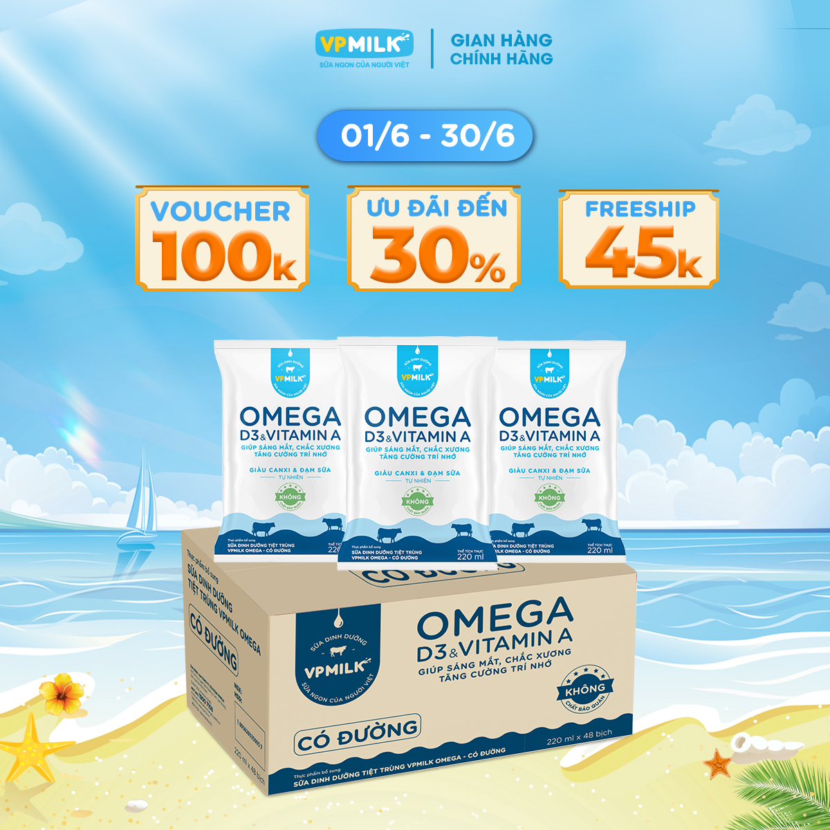 [CHỈ GIAO HỎA TỐC TẠI TPHCM] Sữa Dinh Dưỡng Tiệt Trùng VPMilk Omega Có Đường (thùng 48 bịch 220ml)