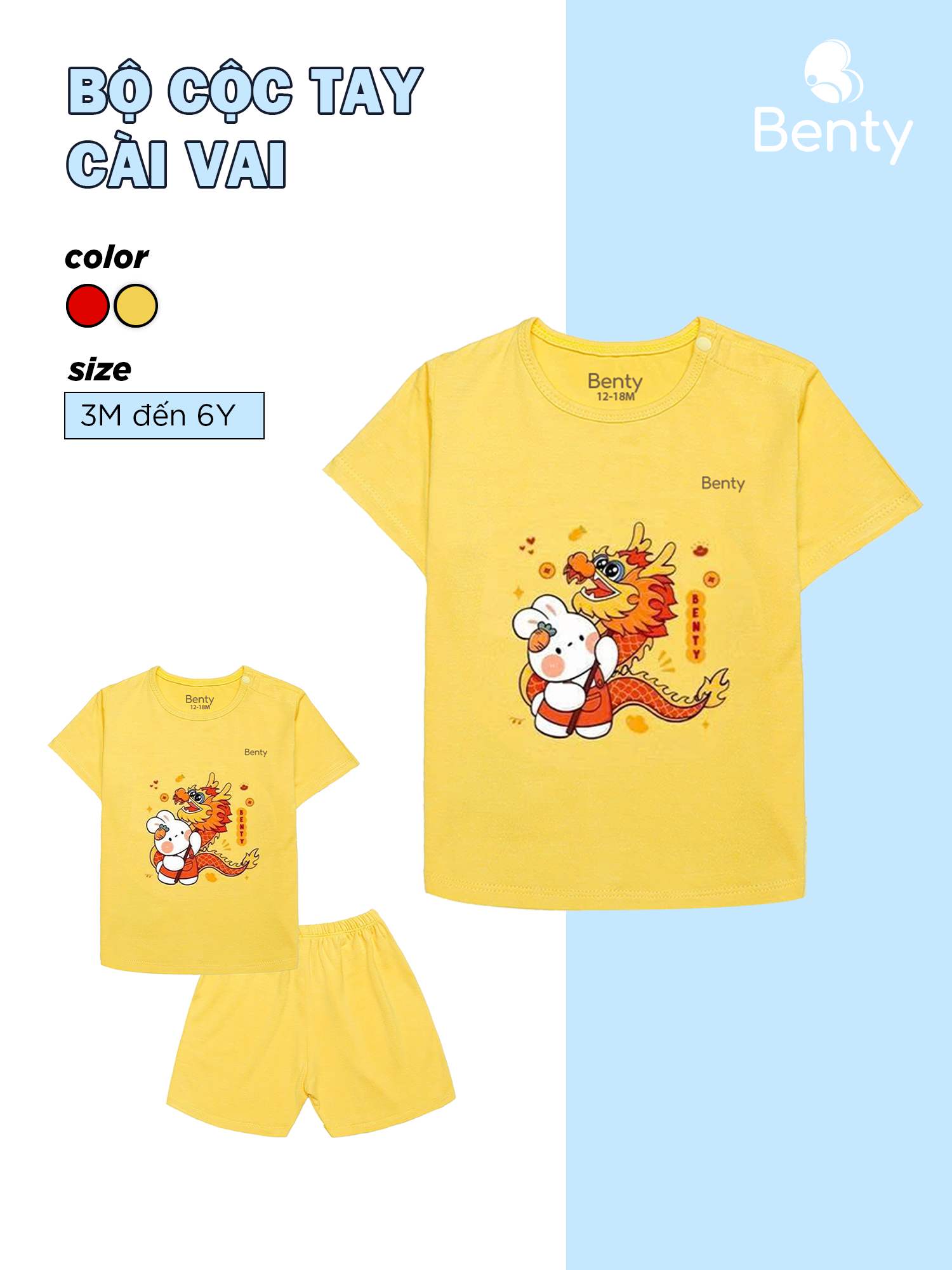 Bộ cộc tay cài vai BENTY in hình rồng BT067 an toàn da bé, đồ bộ trẻ em cao cấp