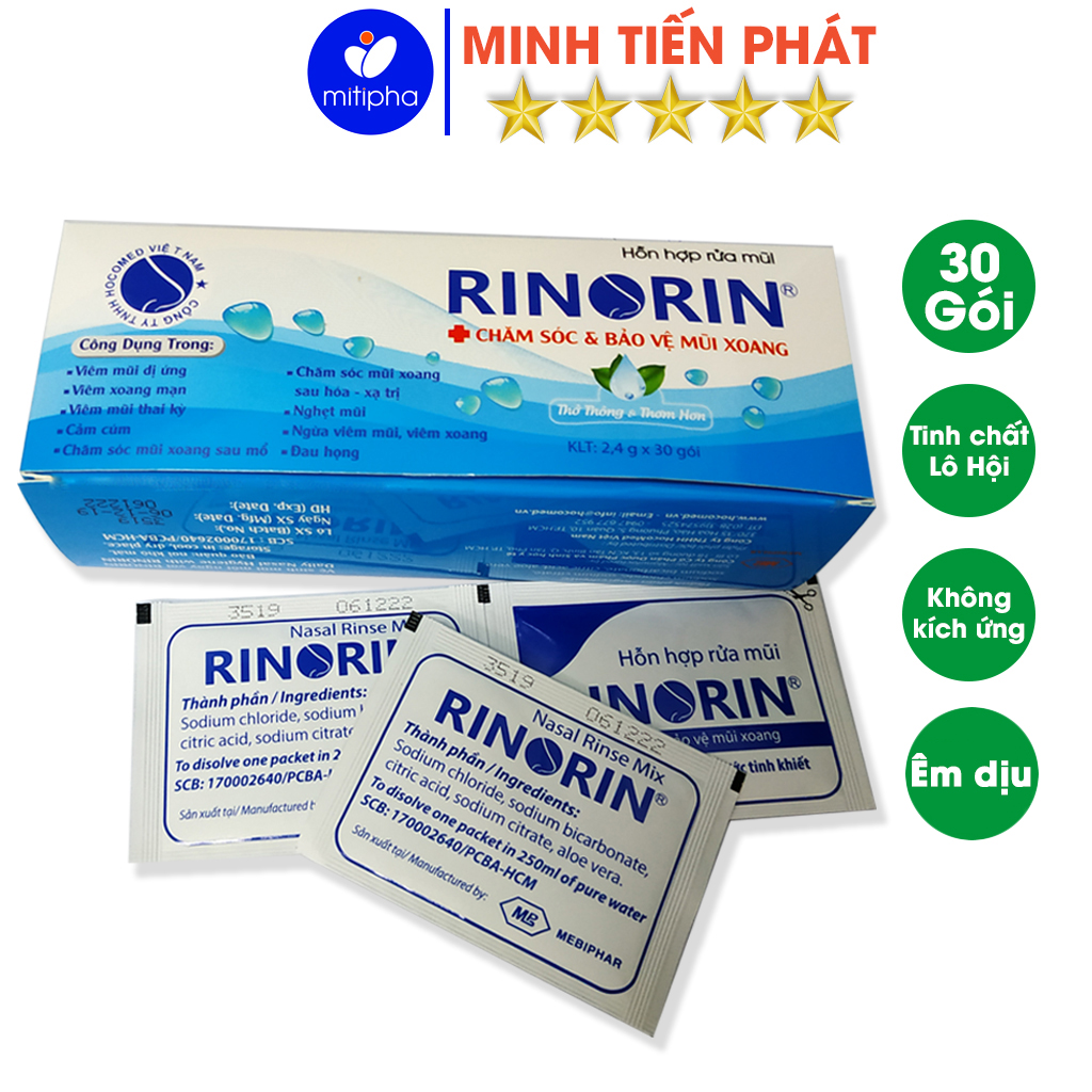 Muối rửa mũi Rinorin hộp 30 gói hỗn hợp muối rửa mũi cho mọi lứa tuổi - Minh Tiến Phát