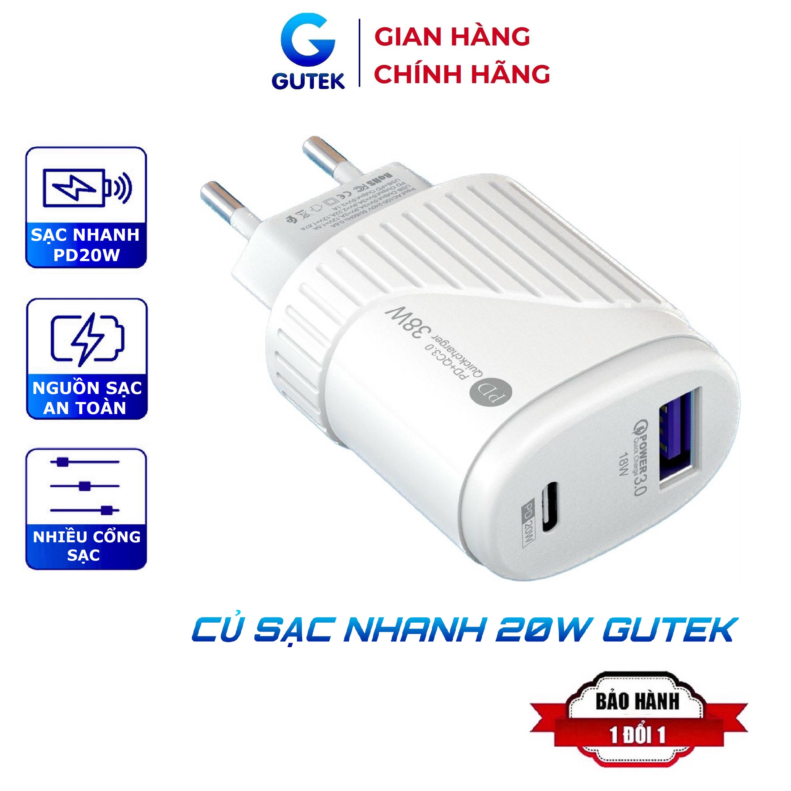 Củ sạc nhanh PD 20w Gutek LDO-BS1 2 cổng qc3.0 Type-C và USB