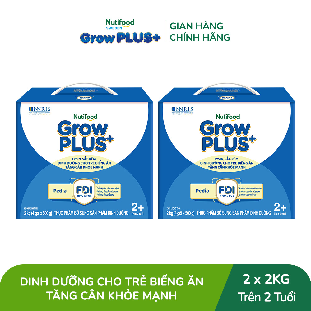 Combo 2 Sữa Bột Nutifood GrowPLUS+ Biếng Ăn (Xanh) 2+ - Hỗ Trợ Kích Thích Ngon Miệng, Tăng Cân Khỏe Mạnh (2 Hộp 2 Kg)