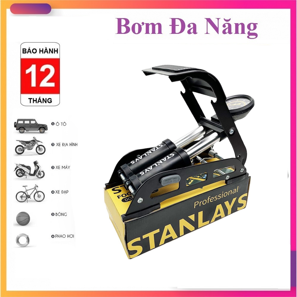   Bảo hành 1 năm  Bơm Đạp Chân Đa Năng Mini Cho Ô Tô Xe Máy 2 Xilanh Stanlay,bơm 2 ống tiện lợi   Bơm lốp ô tô   Bơm xe máy ST868 