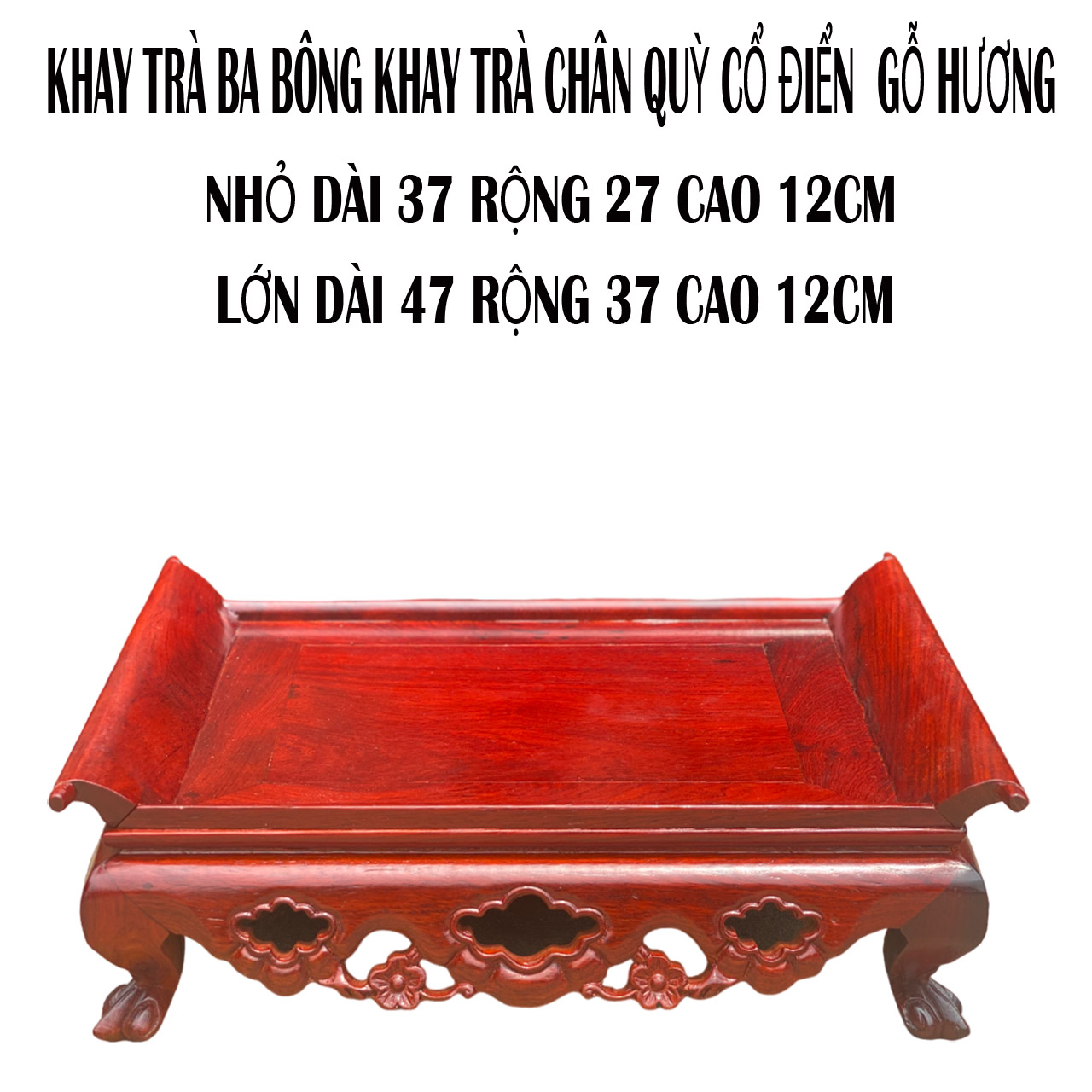 khay trà ba bông gỗ hương-Khay trà hoa mai gỗ hương