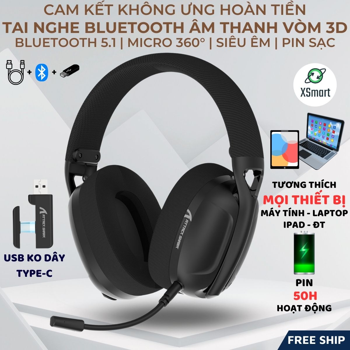 Tai Nghe Chụp Tai Bluetooth Attack Shark L80 Super Bass Âm Thanh Vòm Có Mic Chơi Game 360 Độ Jack USB - TypeC Không Dây