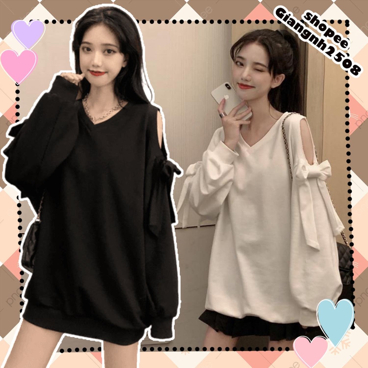 SUA004 Áo sweater thun cổ V đen trắng tay bồng khoét vai nơ babydoll cute thu đông thời trang nữ tính bánh bèo tiểu thư