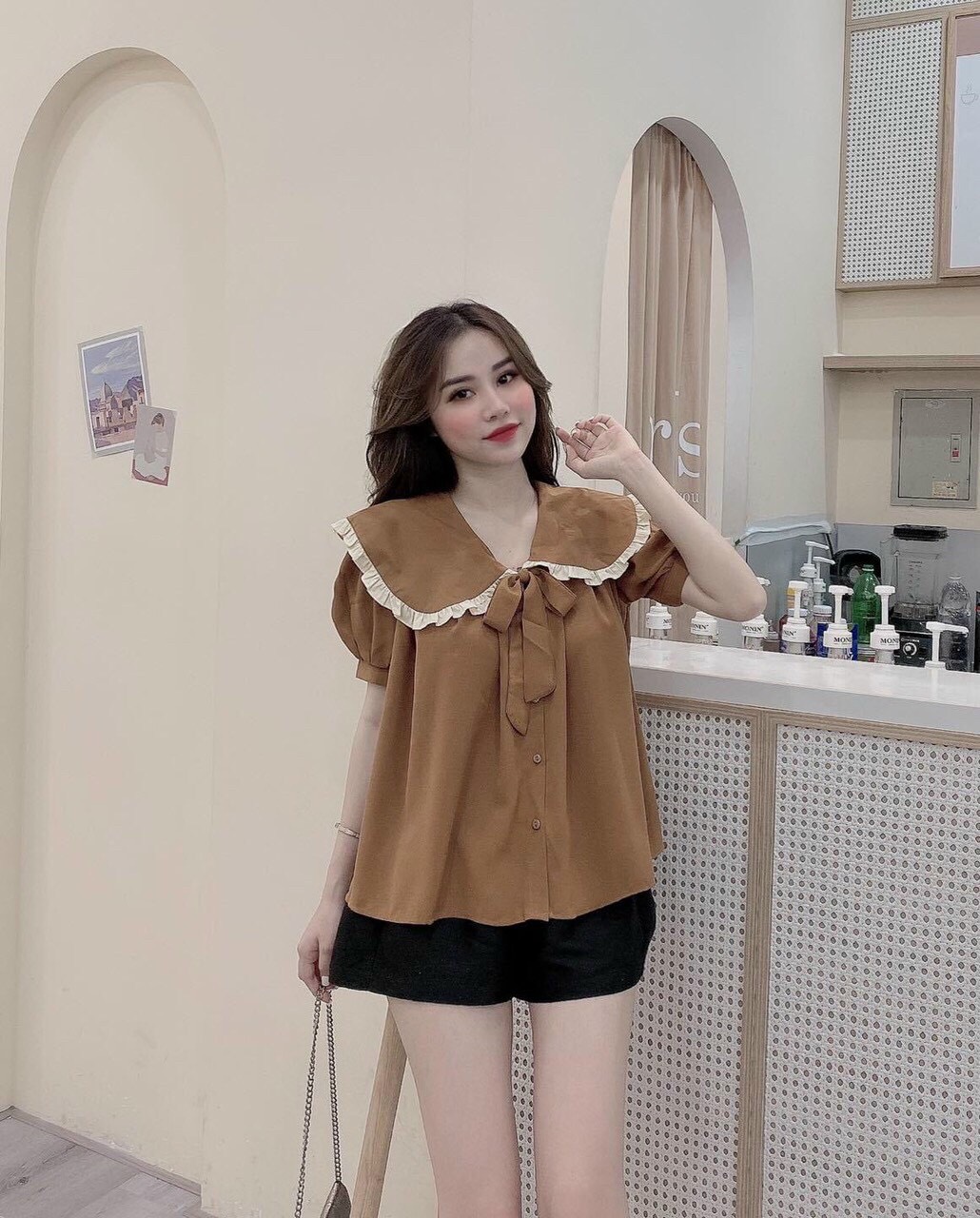 Set đồ bộ đùi mặc ở nhà áo cổ sen viền trắng cột nơ dễ thương