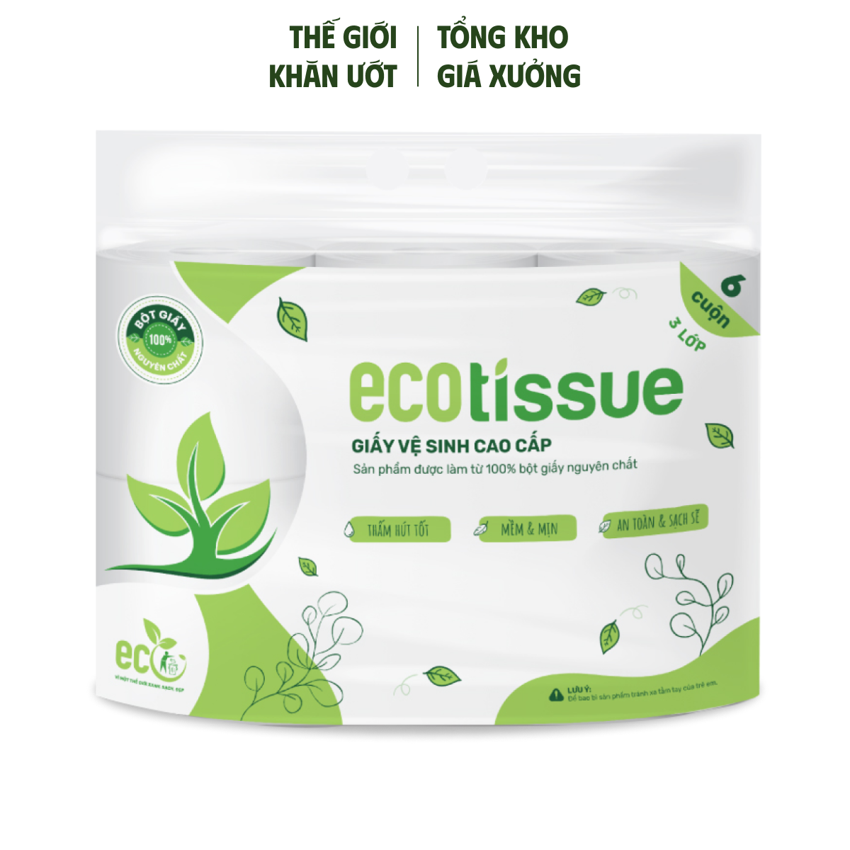 Giấy vệ sinh Ecotissue không lõi cao cấp 3 lớp lốc 6 cuộn 100% bột giấy nguyên sinh từ rừng trồng